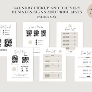 May include: A set of printable signs for a laundry pickup and delivery business. The signs include a price list, a social media QR code, and a scan to pay QR code. The signs are designed in a minimalist style with a neutral color palette.
