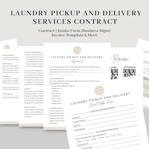 Modelo de contrato de serviços de coleta e entrega de lavanderia, formulário de admissão de cliente, formulários editáveis de serviços de lavanderia, fatura, placas CANVA