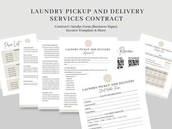 Laundry Pickup and Delivery Services Contract Agreement Template, Client Intake Form, Editable Laundry Services Forms, Invoice, Signs CANVA
