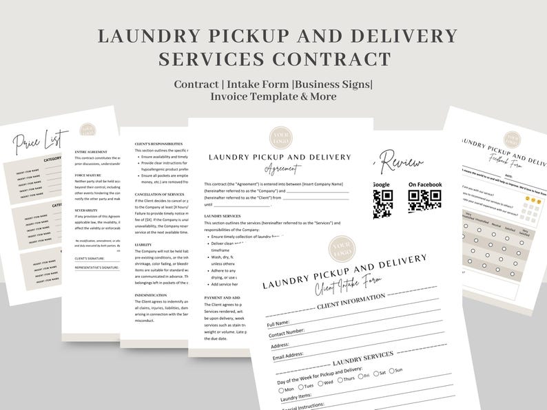 May include: A set of four printable forms for a laundry pickup and delivery service. The forms include a price list, a client intake form, a contract agreement, and a review form. The forms are designed in a minimalist style with a light gray background and black text.