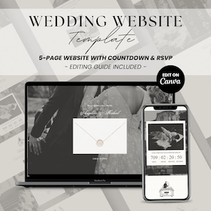 May include: A digital wedding website template displayed on a laptop and smartphone screen. The design features a black and white aesthetic with a countdown timer, RSVP section, and an envelope icon. Text includes WEDDING WEBSITE Template, 5-PAGE WEBSITE WITH COUNTDOWN & RSVP, EDITING GUIDE INCLUDED, and EDIT ON Canva.