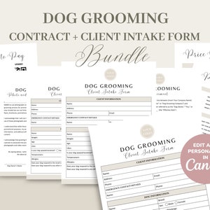 Plantilla de contrato/acuerdo de servicio de peluquería canina, formulario de admisión de nuevo cliente de aseo/limpieza de mascotas editable e imprimible, factura, CANVA