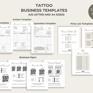 Puede incluir: Un conjunto de plantillas de negocio de tatuaje imprimibles en tama&ntilde;os US Letter y A4. Las plantillas incluyen un recibo, una factura, una cotizaci&oacute;n, una lista de precios y letreros comerciales. Las plantillas est&aacute;n dise&ntilde;adas en un estilo minimalista con un esquema de color marr&oacute;n y blanco. El texto "Edit on Canva" est&aacute; incluido en la esquina superior derecha de la imagen.