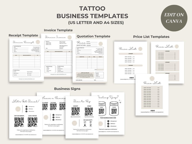 Puede incluir: Un conjunto de plantillas de negocio de tatuaje imprimibles en tama&ntilde;os US Letter y A4. Las plantillas incluyen un recibo, una factura, una cotizaci&oacute;n, una lista de precios y letreros comerciales. Las plantillas est&aacute;n dise&ntilde;adas en un estilo minimalista con un esquema de color marr&oacute;n y blanco. El texto "Edit on Canva" est&aacute; incluido en la esquina superior derecha de la imagen.