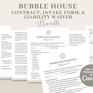 May include: Editable template for a bubble house rental agreement. The template includes a contract, intake form, and liability waiver. The text on the template reads "Bubble House Rental Agreement". The template is customizable in Canva.