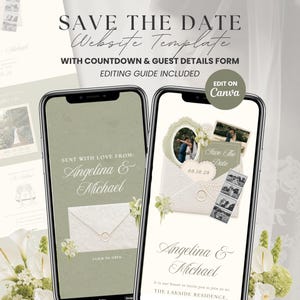 May include: Two smartphones displaying a digital Save the Date website template with sage green backgrounds, elegant script typography, envelope graphics, photo frames, and the text Angelina & Michael, featuring a countdown and guest form.