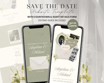 Sage Green Save the Date Website Template Canva, Floral Vintage Digital Wedding Invitation with Countdown Timer & Guest Detail Form