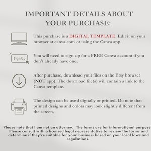 May include: A text-based image with instructions on how to edit a digital template purchased on Etsy. The image includes the text "IMPORTANT DETAILS ABOUT YOUR PURCHASE:" and instructions on how to edit the template using Canva.com or the Canva app. The image also includes instructions on how to download the files after purchase and how to use the template.