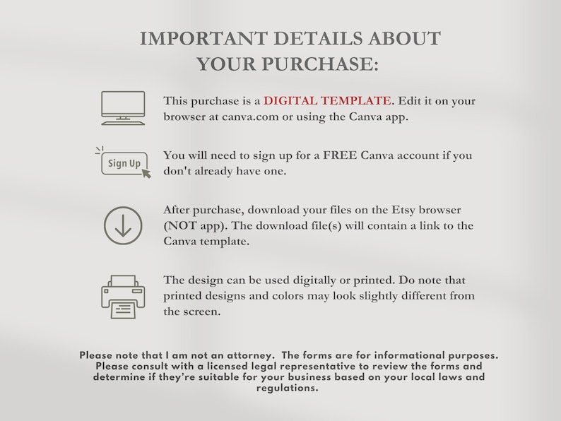 May include: A text-based image with instructions on how to edit a digital template purchased on Etsy. The image includes the text "IMPORTANT DETAILS ABOUT YOUR PURCHASE:" and instructions on how to edit the template using Canva.com or the Canva app. The image also includes instructions on how to download the files after purchase and how to use the template.