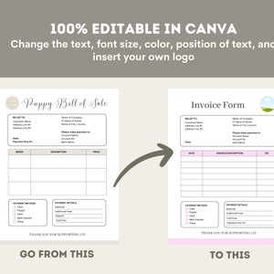 May include: A graphic showing a 'Puppy Bill of Sale' form transforming into an 'Invoice Form'. The text reads '100% EDITABLE IN CANVA' and 'Change the text, font size, color, position of text, and insert your own logo'. The forms have fields for information.