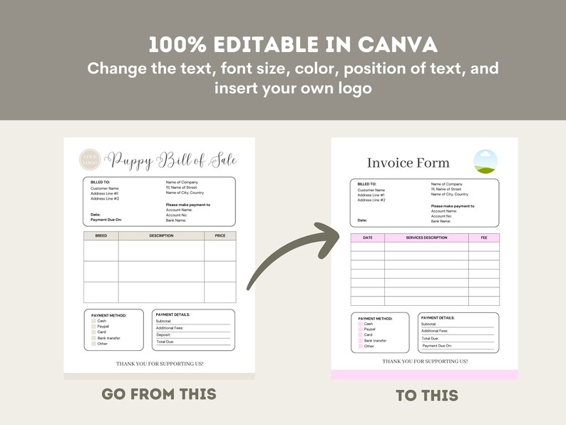 May include: A graphic showing a 'Puppy Bill of Sale' form transforming into an 'Invoice Form'. The text reads '100% EDITABLE IN CANVA' and 'Change the text, font size, color, position of text, and insert your own logo'. The forms have fields for information.