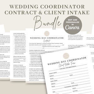 Peut inclure: Un ensemble de formulaires imprimables pour un coordinateur de mariage, comprenant un contrat et un formulaire de prise de contact avec le client. Les formulaires sont conçus pour être modifiés et personnalisés dans Canva. Ils comprennent des sections pour les services de coordination de mariage, les paiements et les frais supplémentaires, ainsi que les informations sur le couple.