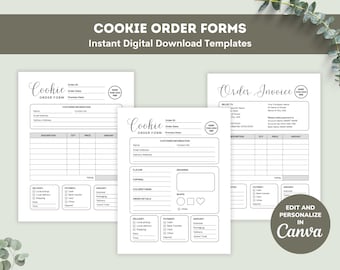 May include: Three printable cookie order forms in black and white. The forms include sections for customer information, order details, delivery, payment, and a place to add a logo. The text on the forms reads "Cookie Order Form" and "Order Invoice".