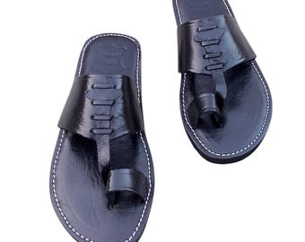 Sandalias de cuero negro hechas a mano - Zapatos marroquíes de verano sin cordones