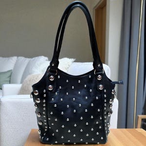Studded Dot Leather Handbag – Luxurious Brown Tote With Removable Strap