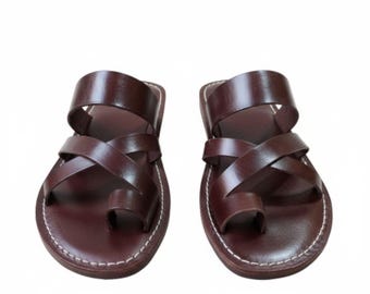 Handmade Brown Leather Cross Strap Sandals - Summer Walking Shoes