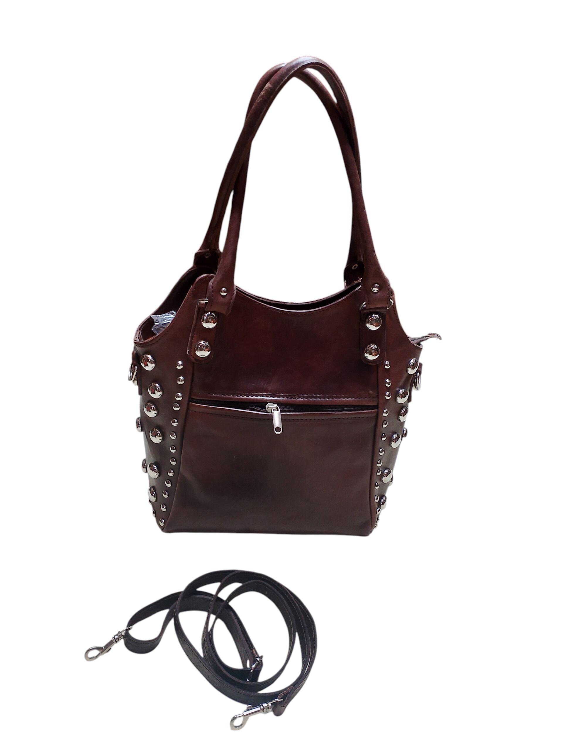 Dark Brown Genuine Leather Handbag – Handmade Studded Tote