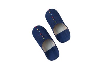 Babuchas marroquíes de ante azul oscuro, zapatos de interior hechos a mano