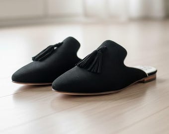 Women’s black Leather Mules – Handmade Pointed Toe Slip-On Flats with Tassel – Moroccan Shoes