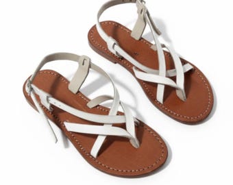 Verstelbare leren blote voetensandalen - witte platte sandalen voor dames