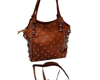 Dark Brown Genuine Leather Handbag – Handmade Studded Tote