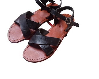 Sandalias marroquíes de cuero negro hechas a mano, zapatos de verano minimalistas