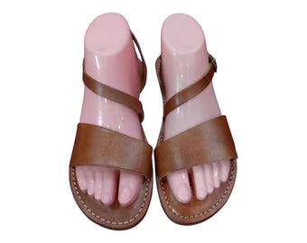 Handmade Moroccan Leather Sandals for Women – Brown Genuine Leather, Adjustable Ankle Strap,