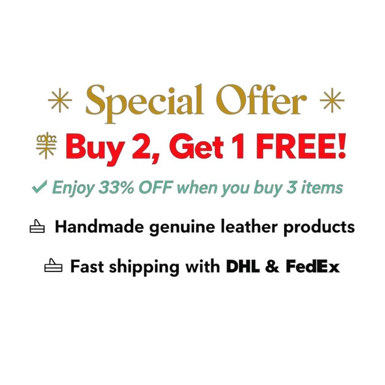May include: A gold-coloured text banner reads "Special Offer" with "Buy 2, Get 1 FREE!" in red. A green tick highlights "Enjoy 33% OFF when you buy 3 items." The image also states "Handmade genuine leather products."