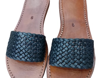 Sandalias negras trenzadas de cuero para mujer, hechas a mano, de una sola tira, sin cordones, planas, de verano