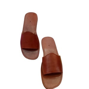 May include: A pair of brown leather sandals. The sandals have a simple design with a strap across the top and a stitched sole. The leather is a rich, warm brown color.