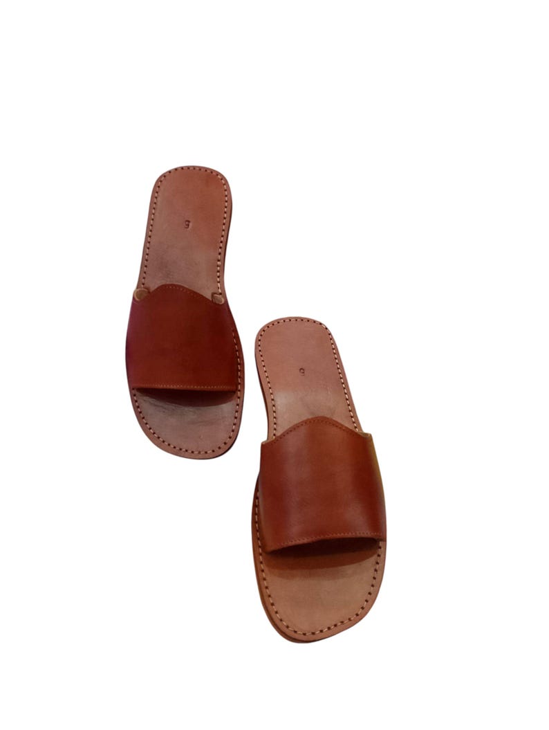May include: A pair of brown leather sandals. The sandals have a simple design with a strap across the top and a stitched sole. The leather is a rich, warm brown color.
