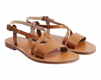 Handmade Brown Leather Sandals – Minimalist Cross-Strap Summer Flats