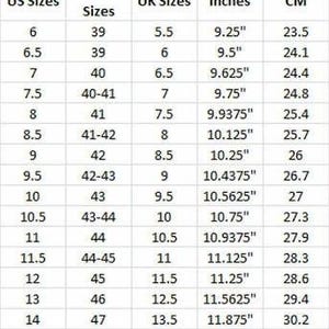 May include: A shoe size conversion chart for men, displaying US, Euro, and UK sizes, along with inches and centimeters. The chart includes sizes from US 6 (23.5 cm) to US 16 (31.8 cm), with corresponding Euro and UK measurements.