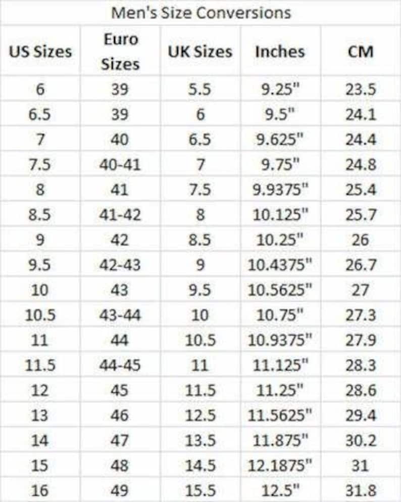 May include: A shoe size conversion chart for men, displaying US, Euro, and UK sizes, along with inches and centimeters. The chart includes sizes from US 6 (23.5 cm) to US 16 (31.8 cm), with corresponding Euro and UK measurements.