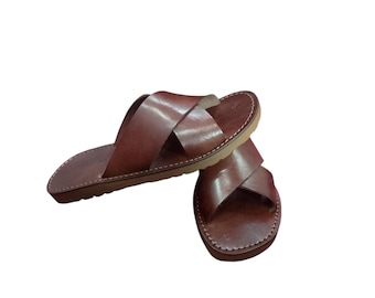 Men's Handmade Brown Leather Sandals: Moroccan Cross Strap Slides