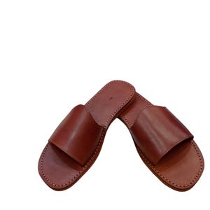 May include: A pair of brown leather sandals. The sandals have a simple design with a wide strap across the top and a stitched sole. The leather has a smooth, polished finish.