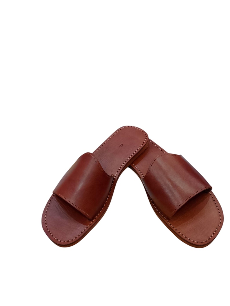 May include: A pair of brown leather sandals. The sandals have a simple design with a wide strap across the top and a stitched sole. The leather has a smooth, polished finish.