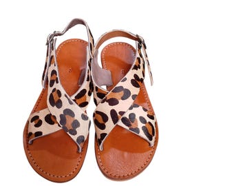 Sandalias con estampado de leopardo para mujer: zapatos planos con tiras cruzadas, zapatos de verano