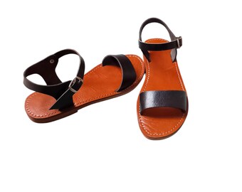 Handmade Black Leather Moroccan Flat Sandals, Minimal Ankle Strap Summer Shoes