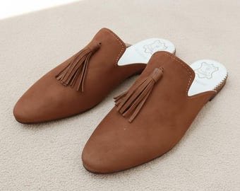 Women’s brown Leather Mules – Handmade Pointed Toe Slip-On Flats with Tassel – Moroccan Shoes