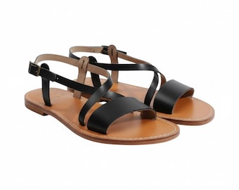 Sandalias de cuero negro hechas a mano: zapatos planos minimalistas de verano con tiras cruzadas