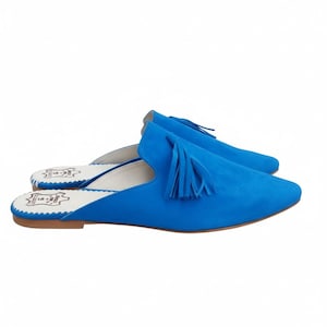 Women’s Bleu Leather Mules – Handmade Pointed Toe Slip-On Flats with Tassel – Moroccan Shoes