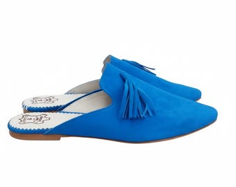 Women’s Bleu Leather Mules – Handmade Pointed Toe Slip-On Flats with Tassel – Moroccan Shoes