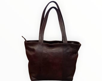 Bolso tote de cuero marrón oscuro hecho a mano, elegante bolso de hombro para el trabajo.