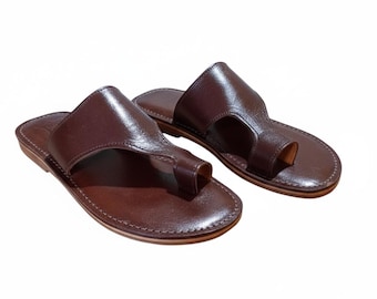 Handmade Brown Leather Sandals for Men – Moroccan Summer Flat Sandals, Comfortable Minimalist Design