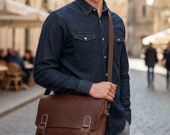 Bolso bandolera de piel de vaca marrón vintage hecho a mano