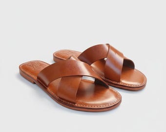 Men's Handmade Brown Leather Cross Strap Sandals