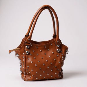 Studded Dot Leather Handbag – Luxurious Brown Tote With Removable Strap