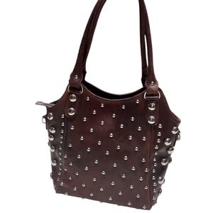 Studded Dot Leather Handbag – Luxurious Brown Tote With Removable Strap