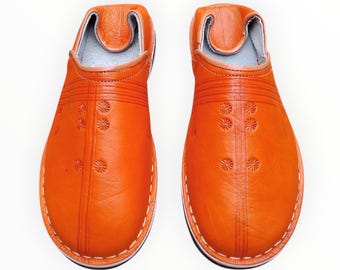 Handmade Moroccan Leather Slippers for Men – orange Babouches, Indoor Outdoor Shoes